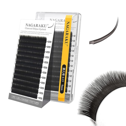 NAGARAKU Double Tips Flat Ellipse Eyelash Extensions Supplies Natural Charcoal Color Faux Mink Super Soft Split Tips Lash Individual Lashes -0.15 Baby/J Curl 9mm