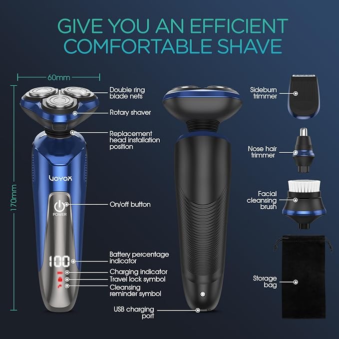 VOYOR Electric Razor for Men Cordless Shavers for Shaving with face sideburn Nose Ear Hair Rechargeable Wet Dry Waterproof TX410 New (New Version-Blue)