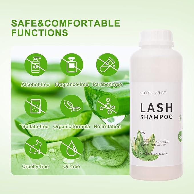 Arison Eyelash Eyelash Extension Shampoo 600ml / Eyelid Foaming Cleanser/Wash for Extensions and Natural Lashes/Paraben & Sulfate Free Safe Makeup & / Professional & Self Use (Aloe)