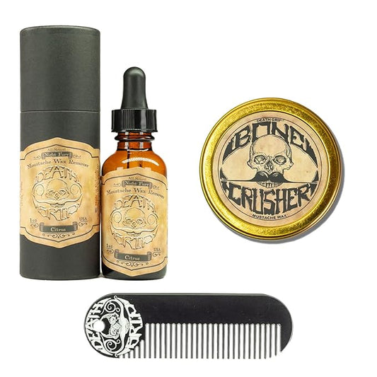Bone Crusher Extra Strong Extra Firm Mustache Wax, Night Fury Wax Remover Oil, and Comb Set