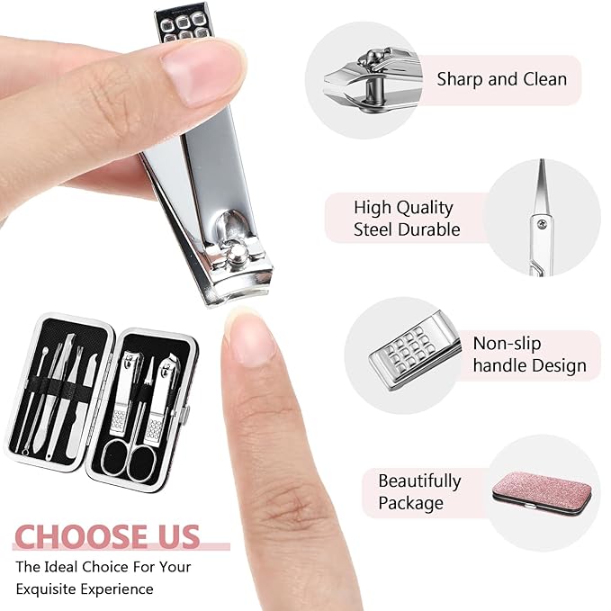 Geosar 12 Sets Manicure Set Nail Clippers Pedicure Kit 8 in 1 Stainless Steel Professional Grooming Kits Nail Care Tools with Travel Case for Men Women(Glitter Pink)