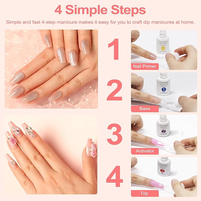 Lavender Violets Dip Powder Liquid Set with Nail Primer, Activator, Base and Top Coat Long Lasting for Dip Powder Nail Kit J781