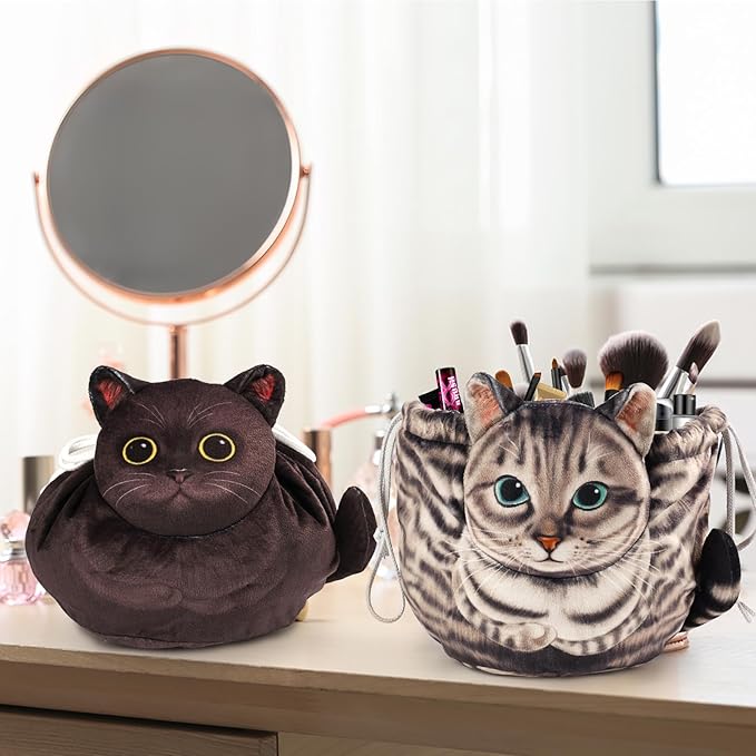 Drawstring Makeup Bag, Cat Makeup Bag, Travel Makeup Organizer, Cosmetic Pouch Bag, Cat Gift for Women, Lay Flat Makeup Bag Gifts for Cat Lovers(2-pack)