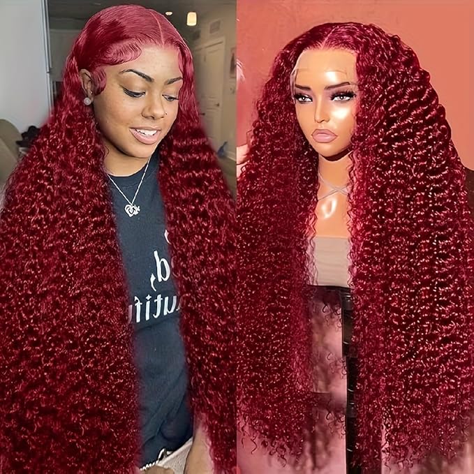 34 Inch 99j Burgundy Lace Front Wig Human Hair 200 Density 13x4 Deep Wave Pre Plucked Wine Red Curly Wet Wavy HD Full Lace Frontal Glueless for Women
