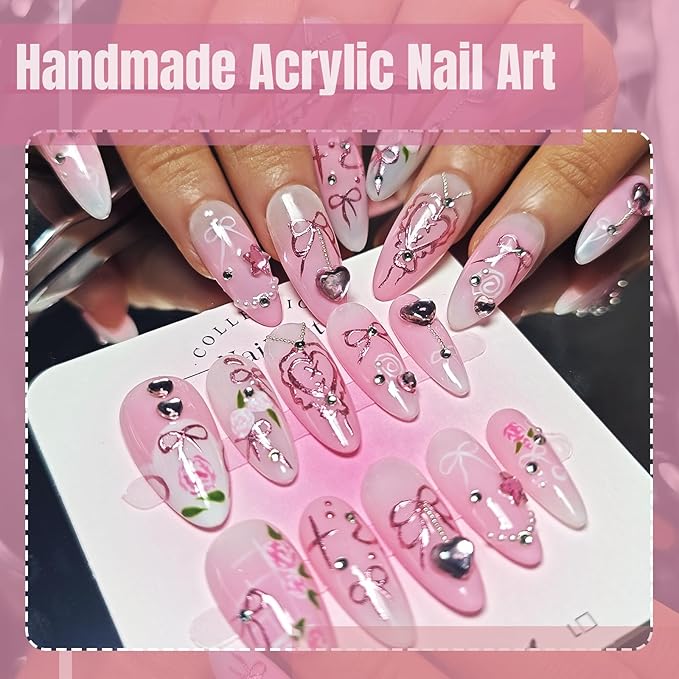 Handmade Acrylic Press On Nails Almond, Pink Medium, Ombre Valentine Heart Rhinestone Flower For Women Gift, Reusable Stick On Fake Kit With Glue (Pink Romance-M)
