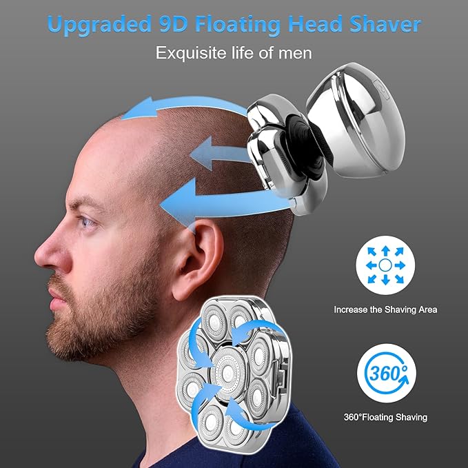 9D Head Shavers for Bald Men, 6-in-1 Electric Razor for Men, Cordless Rechargeable & Waterproof Bald Head Shavers for Mens with Large Battery, LED Display, Wet/Dry Shave