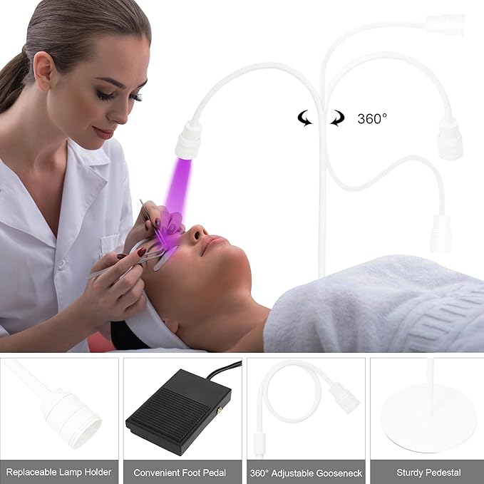 12W UV Lash Light with Foot Pedal, Rapid Dry in 2 Seconds Lash Lamp for Eyelash Extension Grafting Eyebrow Beauty Salon, Adjustable Angle and Light Spot Size, Lash Lamp for Eyelash Tech (White)