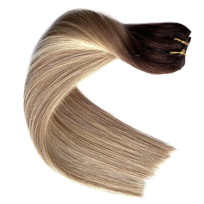 Sew in Hair Extensions Real Human Hair Bundles Ombre Brown Balayage Golden Blonde Weft, 20 Inch, 100G, Hand Tied for Women