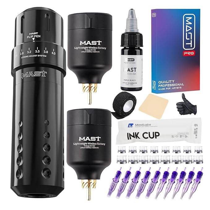 Mast Tattoo Gun Kit Flip Wireless Tattoo Machine 7 Strokes Length Tattoo Kit 2 Batteries Power Supply 20 Pro Tattoo Needles Cartridges