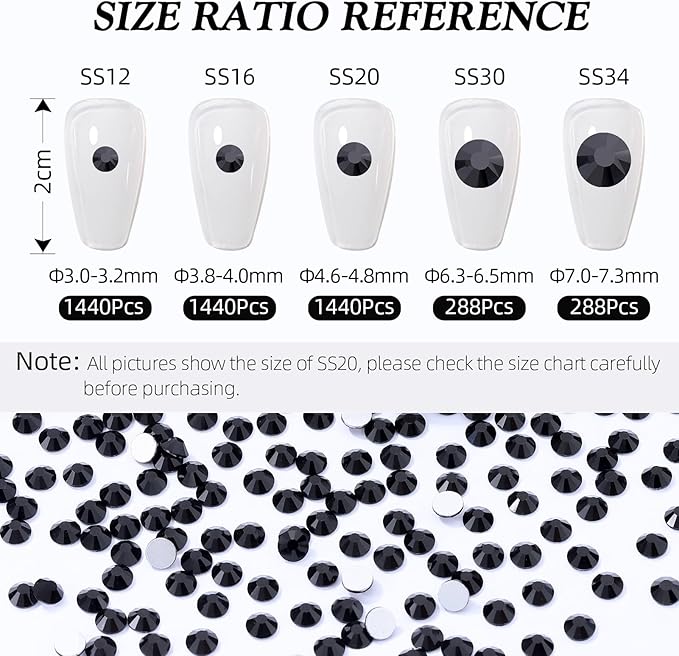 Black Flatback Rhinestones, Glass Rhinestones for Nail Art and Craft, Glue Fix, Loose Crystal Gemstones(Black, SS34, 288pcs, 7.1-7.3mm)