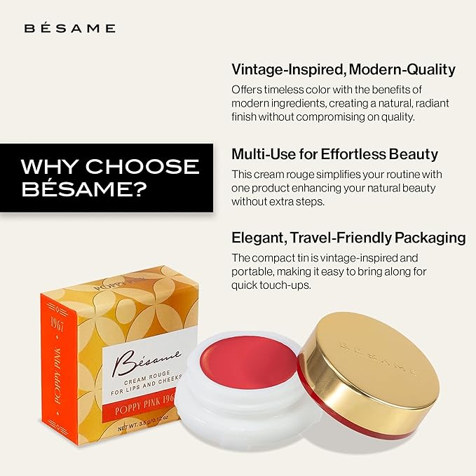 BESAME Poppy Pink Cream Rouge - 1967, Highly Pigmented, Matte Finish, Multi-Use for Lips and Cheeks, Vintage-Inspired Reusable Tin, Long-Wearing