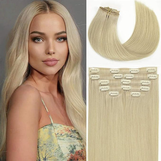 Loxxy Ultra Invisible PU Clip In Hair Extensions Human Hair 14Inch Thick Natural Hair Full Head 7PCS 110Gram Seamless Hair Extensions Clip in Remy Hair for Women Platinum Blonde #60A