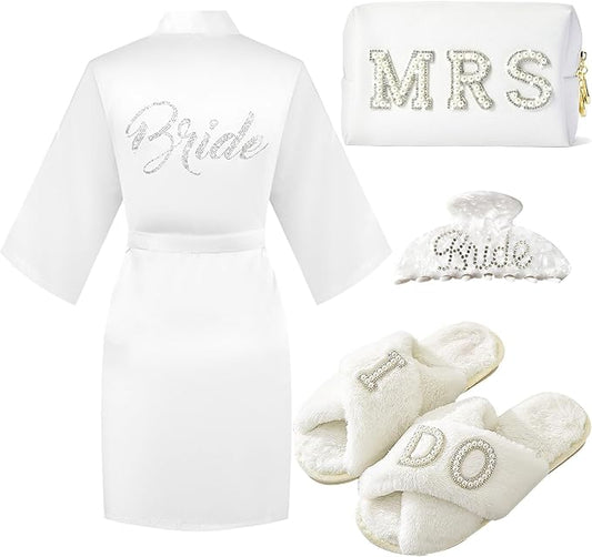 Bride To Be Gift Set - Makeup Bag, Slippers, Robe, Hair Clip - Wedding Gifts