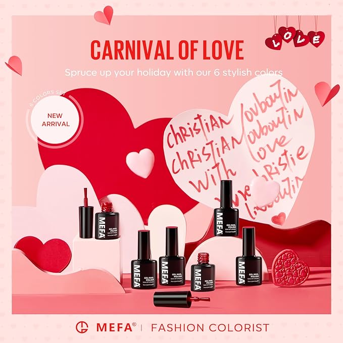 MEFA 6 Colors Red Gel Nail Polish Set, Glitter Shades Sparkle Silver Champagne Love Times Tones Salon Decorations Nail Art Design at Home Manicure DIY Kit Gifts for Women Girl