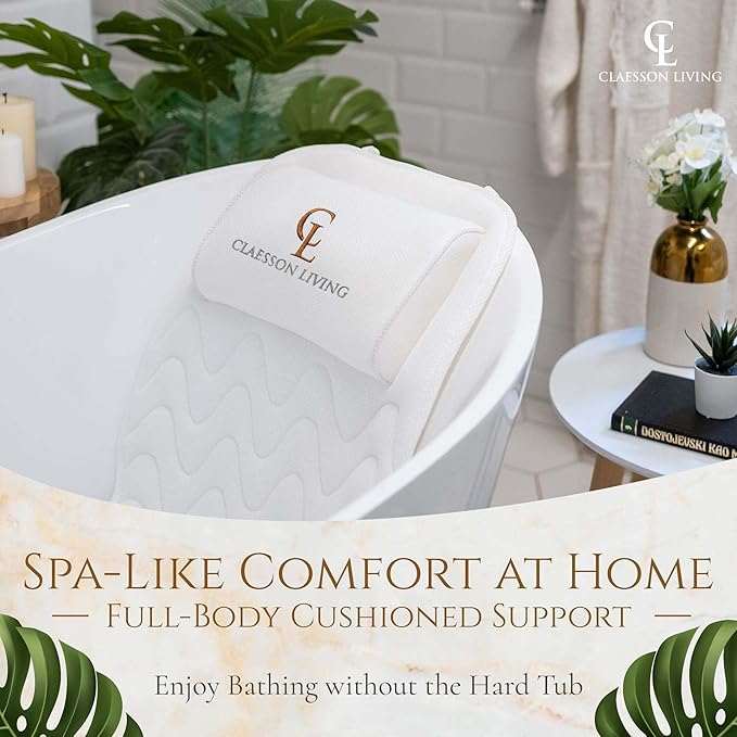 Full Body Bath Pillow (17'' x 49'') - Bathtub Cushion with Headrest Supports Neck, Back and Legs - Free Hanging Hooks for Fast Drying Over Tub - Includes Washing and Travel Bags - White