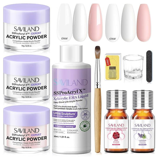 SAVILAND Acrylic Nail Kit for Beginners: White Pink Clear Acrylic Powder and Liquid Set with EMA Acrylic Liquid Monomer Nail Brush Forms Tools and Cuticle Essentials Oil for Nails Home Manicure DIY