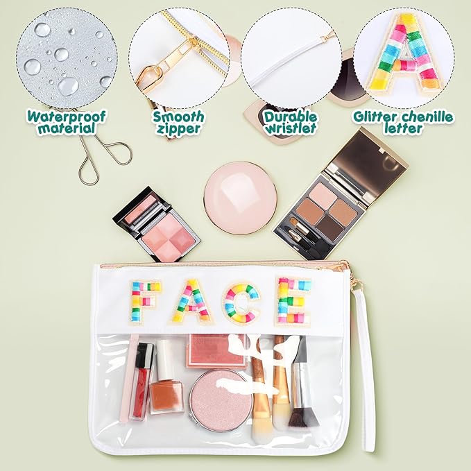 Abbylike 6 Pcs Chenille Letter Clear Zipper Pouch Summer Waterproof Cosmetic Pouch Travel Gym Beach Hawaii Bag Travel Patch Purse Makeup Letter Bag for Women Girls, 6 Colors(Light Colors,Classic)