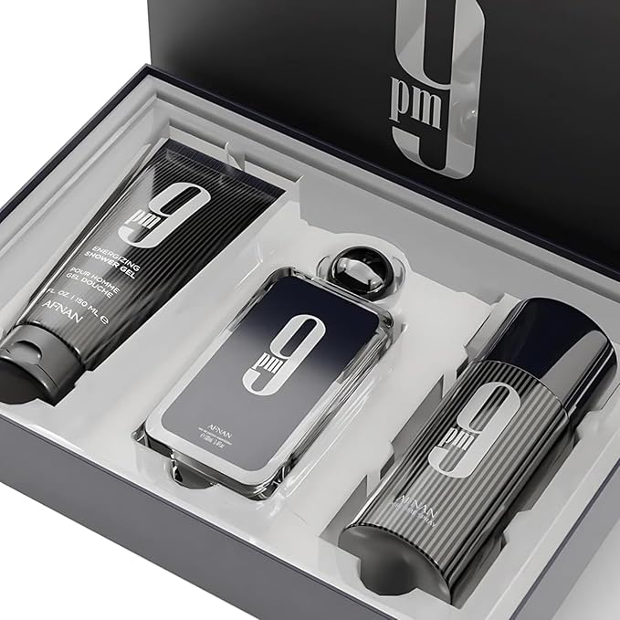 Afnan 9 PM Luxury Perfume Gift Set – Eau De Parfum (3.4 Oz), Deodorant (5.0 Oz), Shower Gel (6.7 Oz)