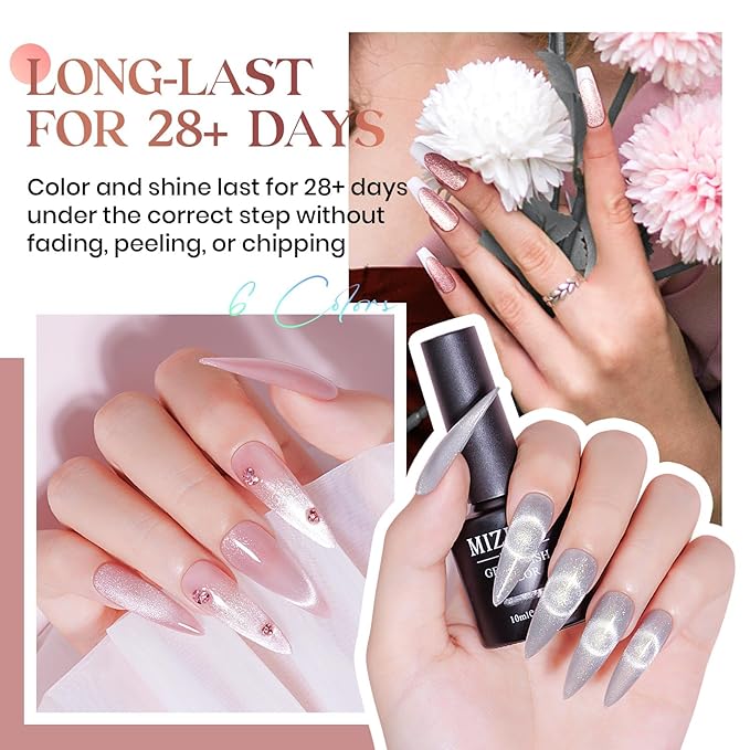 MIZHSE Cat Eye Gel Polish Set, 3 in 1 Rubber Base Gel For Nails, 6 Colors 10ml Holographic Glitter Cat Eye Gel with 2 Magnets, No Need Base Coat Fast Cure Soak Off LED Nail Gel