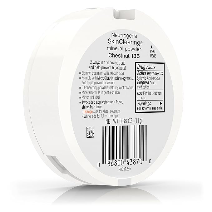 Neutrogena SkinClearing Mineral Acne-Concealing Pressed Powder Compact, Shine-Free & Oil-Absorbing Makeup with Salicylic Acid to Cover, Treat, & Prevent Breakouts, Chestnut 135,.38 oz
