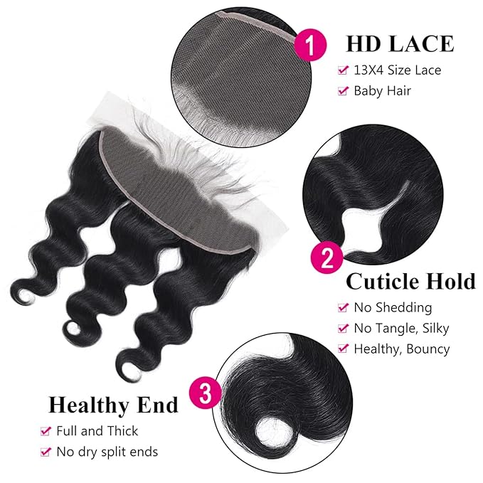 13 x 4 Lace Frontal Closure Body Wave Ear to Ear HD Lace Frontal Pre Plucked 16 Inch Body Wave Human Hair Frontal Closures Free Part 150% Density Natural Black Color