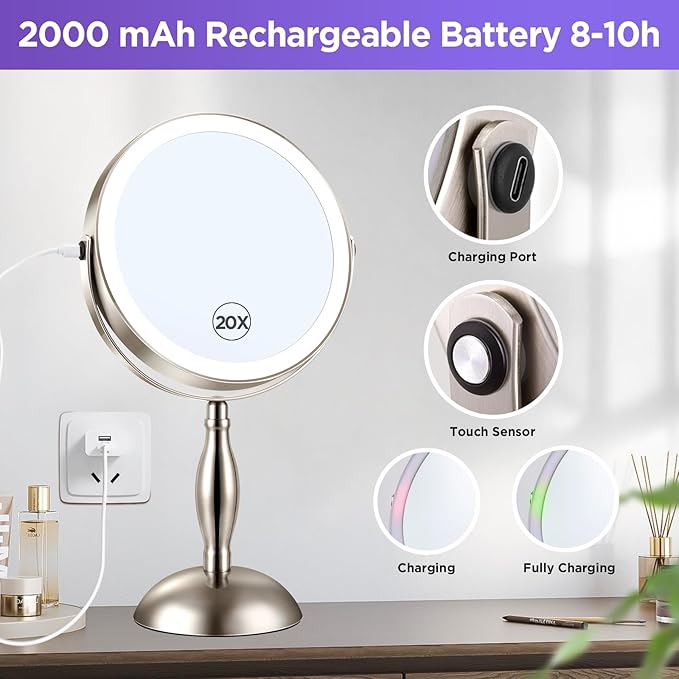 20x Magnifying Mirror with Light, Lighted Makeup Mirror with 3 Color Dimmable Adjustable Mirror, Side Charging Port & SideTouch Sensor, 360° Rotation Double Sided Standing Desk Mirror-Brushed Nickel