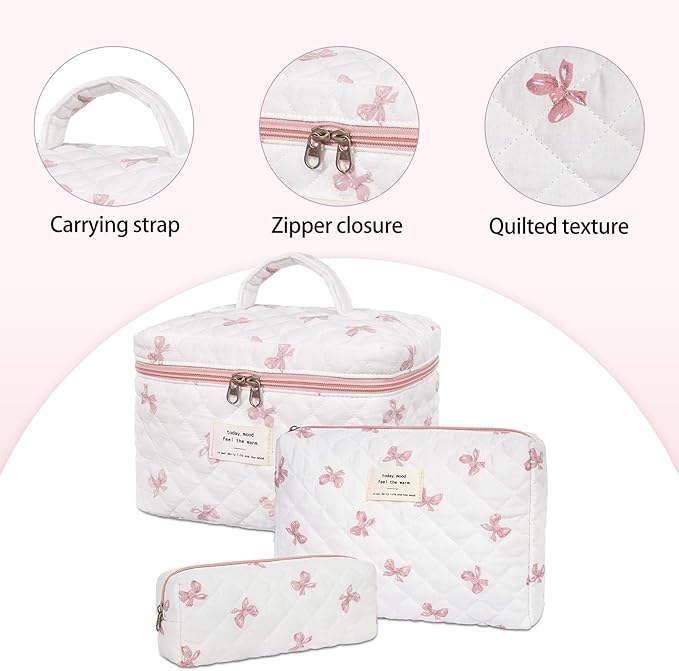 Quilted Makeup Bag,Large Cosmetics Bag Set,Coquette Floral Make up Pouch,Travel Toiletry Bag for Women