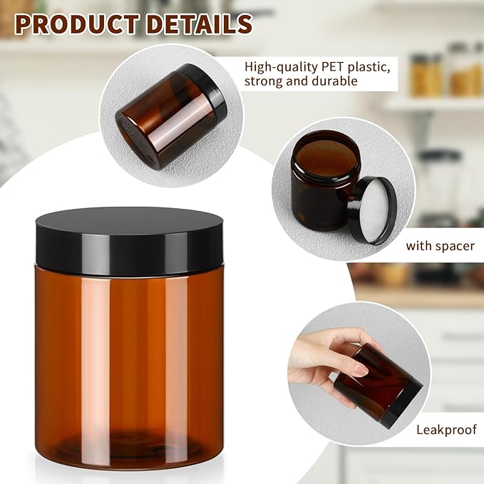 Tanlade 40 Pcs Amber Plastic Jars with Lids Round Cosmetic Containers Amber Jars Refillable Containers for Powder Liquid Food Storage Kitchen Cosmetic Lotion Ointments Creams Essential Oil (8 oz)