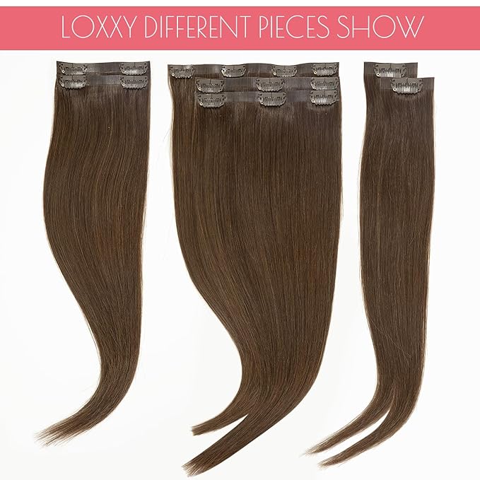 Loxxy Seamless Clip in Human Hair Extensions 100% Brazilian Remy Tape Hair Clip on Extensions Natural Silky Straight Invisible Clip Hair Extensions Full Head Chocolate Brown 7PCS 110gram 22Inch