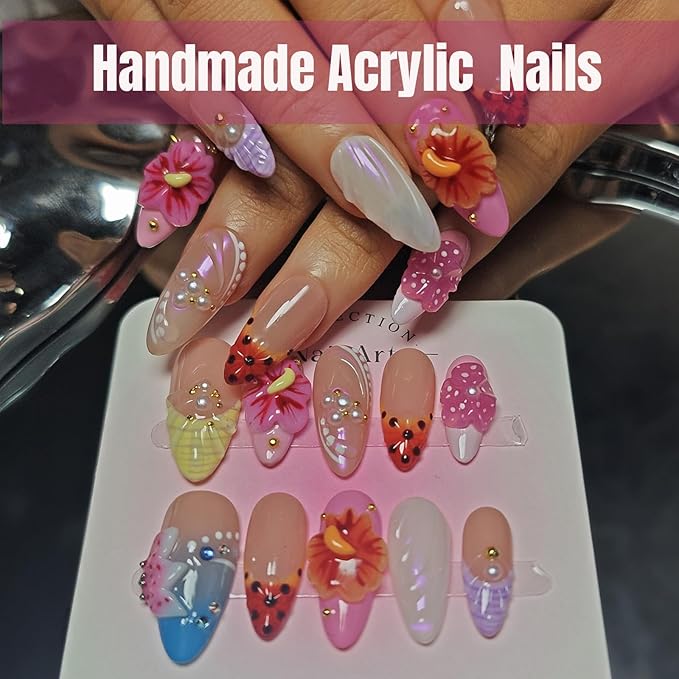 Handmade Acrylic Press On Nails Almond, 3D Press On Nails Medium, Flower 3D Pink Nails French Tip Bubble Preal For Women Gift, Reusable Stick On Fake Nails Kit With Nail Glue (Floral Dreamscape-L)
