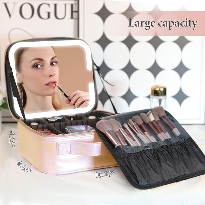 Travel Makeup Bag with LED Lighted Mirror, Cosmetic Makeup Organizer Bag with 3 Color Setting, Makeup Train Case with Adjustable Dividers for Women Makeup Brushes Jewelry Accessories