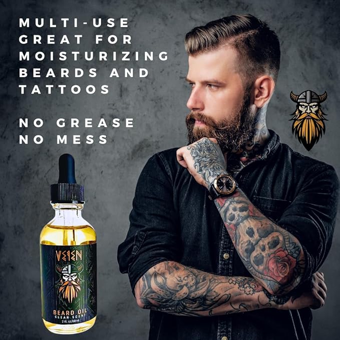 Veien Beard Oil for Men Premium All-Natural 2floz Made in USA for Thicker Darker Fuller Growth Moisturizes Conditions Softens Strengthens Smooths Frizz Hydrates for All Hair & Skin Types Reduces Itch