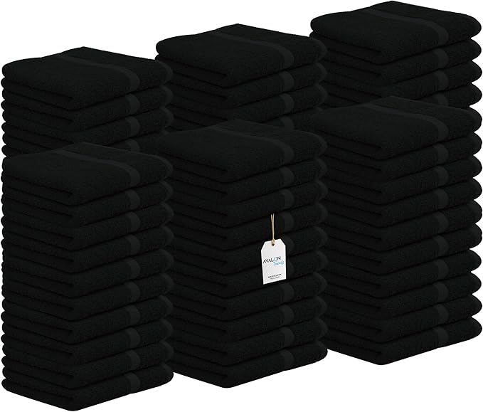 Avalon Towels Cotton Washcloths – (Pack of 60) Size 12x12 Inches, 100% Ring Spun Cotton, Soft & Absorbent Face Towels, Gym Towels, Hotel and Spa Quality, Reusable Fingertip Towels (Black)