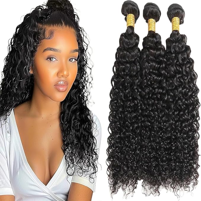 Human Hair Bundles Water Curly Weave Color 1B Water Wave Bundles Double Weft Brazilian Human Hair Weave Extensions Soft and Silky for Black Women 26 28 30 Inch