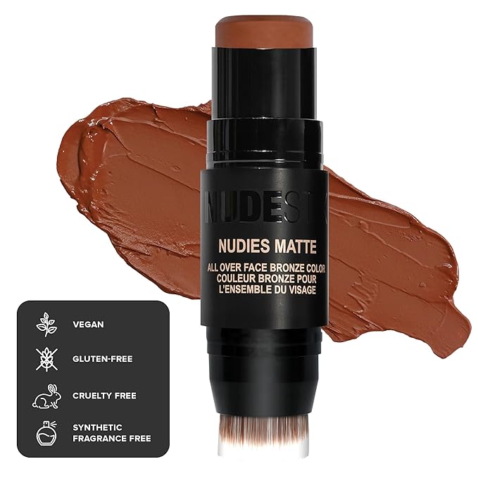 Nudestix Nudies Matte Cream Bronzer 3-in-1 All Over Face Colour for Face, Eyes, and Lips w/Blending Brush (Deep Maple Eh)