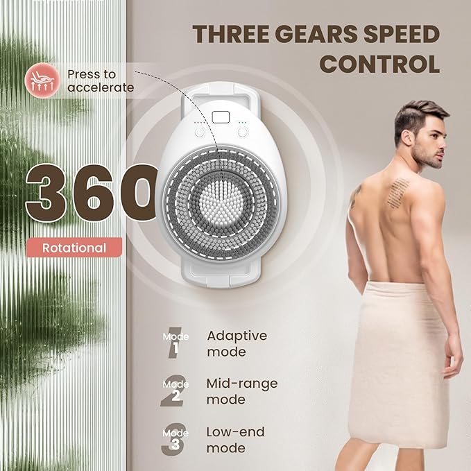 Wall Mounted Exfoliating Brush, 360° Autorotation Electric Shower Brush, with Four Deep Cleansing Heads, 3-Speed Adjustment, Ai Smart Electric Back Scrubber for Shower Wall