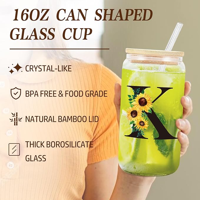 Personalized Gifts for Women, Monogrammed Gifts for Women, Initial Monogram Gifts Sunflower Birthday Gifts for Women Mom Sister Best Friends - Monogrammed Canvas Tote Bag & Makeup Bag & Glass Cup K