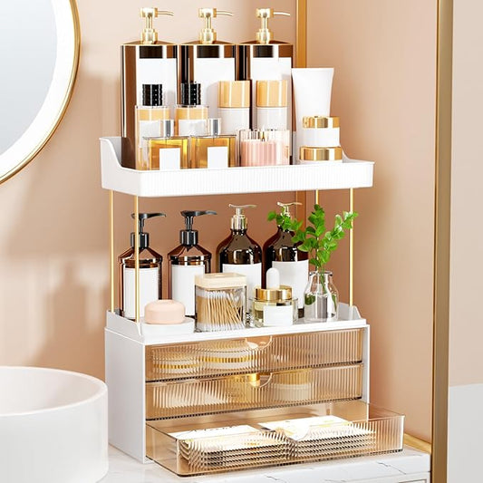 3 Drawers Makeup Organizer - 5 Tier Bathroom Organizers and Storage, Versatile Perfume Organizer, Vanity Organizer, Ideal for Cosmetic, Large Skincare, Face Mask, Office Supplies, Amber