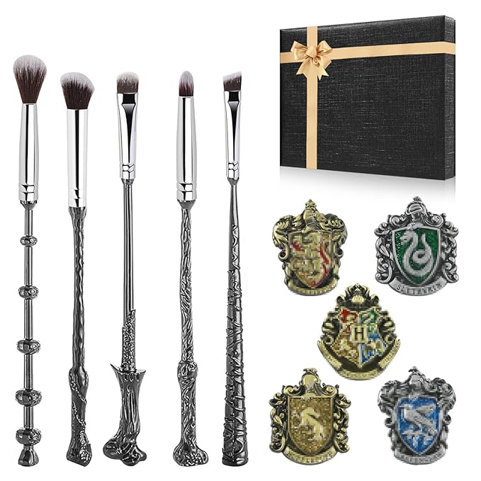 Harry Makeup Brushes with 5 Wizardary School Houses Pins, Potter Makeup Brushes Gift Set for Women Girls, Christmas Birthday Gifts for Kids