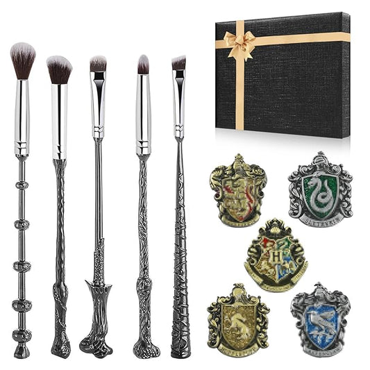 Harry Makeup Brushes with 5 Wizardary School Houses Pins, Potter Makeup Brushes Gift Set for Women Girls, Christmas Birthday Gifts for Kids