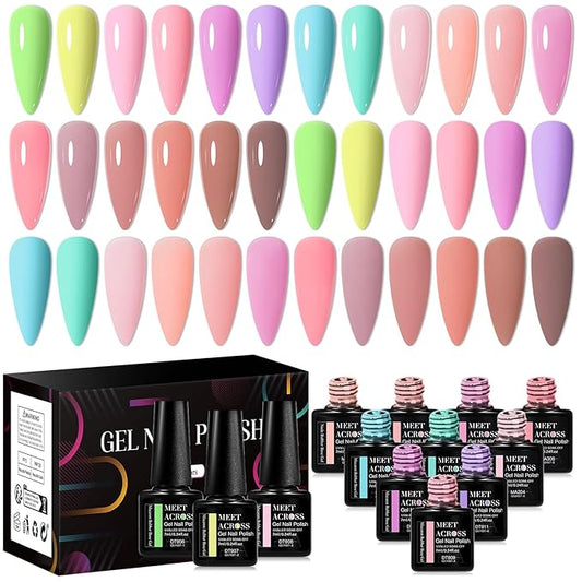 MEET ACROSS Builder Gel Base_Coat for Nails, Macaron Rubber Base Gel Nail Polish 18 Colors Pink Blue Green Nude Rubber Base Gel for Nails All Seasons Nail Design Gifts