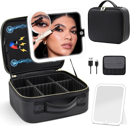 Makeup Bag with Magnetic Detachable Lighted Mirror 360° Swivel Angle, Travel Makeup Bag with Lights Portable Makeup Case Organizer with Mirror, Partition Cosmetic Bag Tools Accessories Train Case Gift