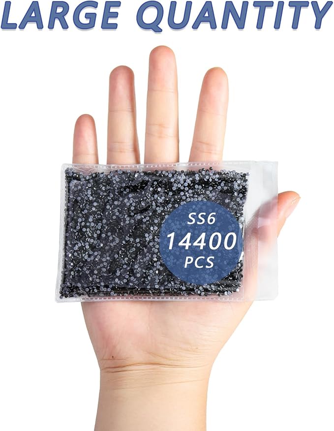 Beadsland Hotfix Rhinestones Bulk, 14400PCS Crystal Hot Fix Rhinestones for Crafts Clothes DIY Decoration, Black, SS6, 1.9-2.1mm