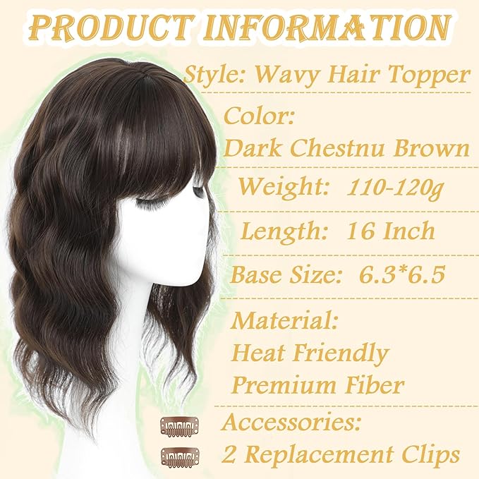 16 Inch Hair Toppers for Women with Thinning Hair, 360° 3D Realistic Toppers for Women Wispy Bangs Clip Synthetic Curly Wavy (6-8)