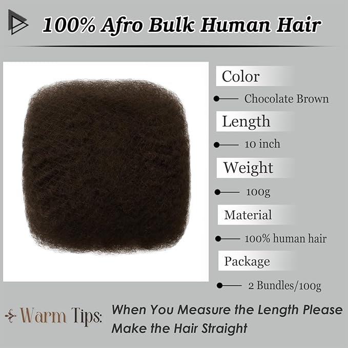 Afro Kinkys Bulk Human Hair 10 Inch 100g Chocolate Brown Afro Kinky Curly Human Hair Bulk for Dreadlock Extensions, Micro Locs, Braiding Twists, Braids and Repair Locs(10 Inch, 4#)