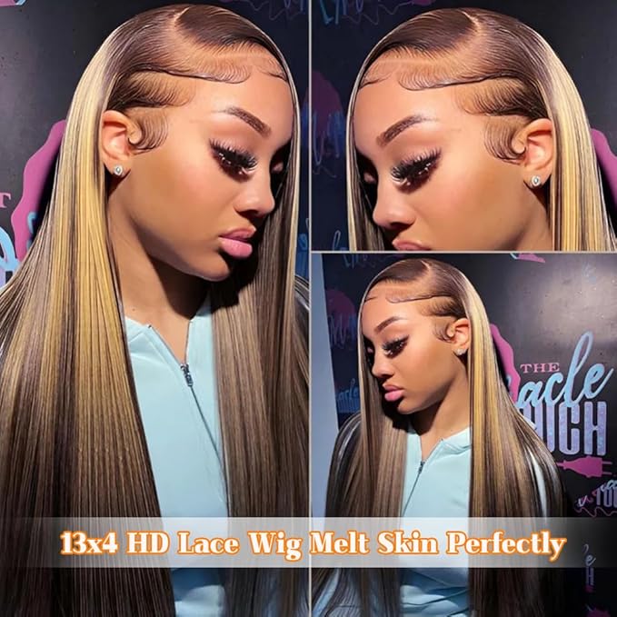 28 Inch Ombre Lace Front Human Hair Wig - Pre Plucked 180% Density Honey Blonde 13x4 HD Straight Glueless 4/27 Highlight Frontal for Women