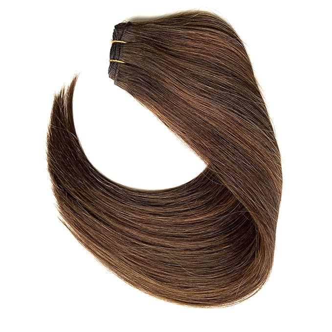 Sew in Hair Extensions Real Human Hair, Hand Tied Weft Hair Extensions 20 Inch Dark Brown Balayage Light Brown Highlights Hair Wefts Straight Human Hair Weft Extensions Weaves Bundles 100G for Women