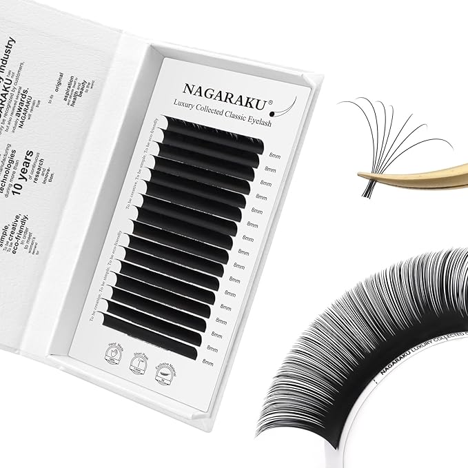 NAGARAKU Individual Eyelash Extensions, Luxury Collected Classic Single Lashes Upgraded 3rd Generation Soft Natural Beauty Salon Professional Lash Supplies 16 Rows Matte Black -0.12 C Curl 8mm