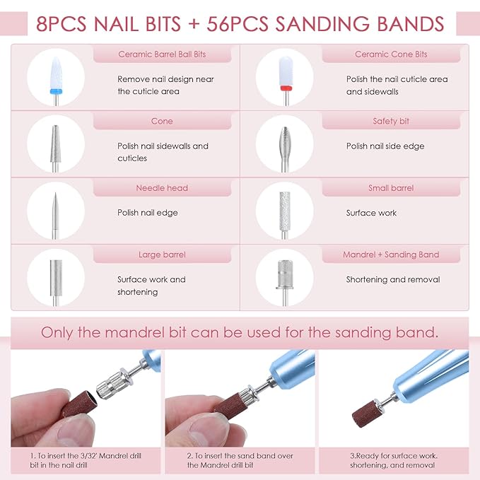 Professional 35000 RPM Electric Nail Drill, Portable Nail File Kit for Any Manicure, Pedicure, Acrylic Nails Gel Polishing Removing, Designed for Salon, Home, Gift Giving, Blue