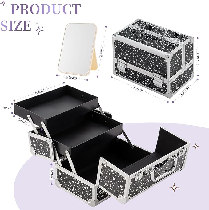 Leeora&Leekoo Makeup Train Case Cosmetic Box Portable Makeup Case Organizer 2 Trays Makeup Storage with Mirror for Cosmetologist Aesthetic Supplies Nail Tech Traveling Makeup Box (Flashing Star)